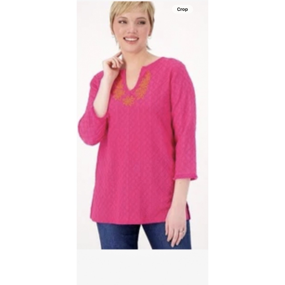 Isaac Mizrahi Live! Textured Knit Tunic with Embroidery Shirt Fuschia S New